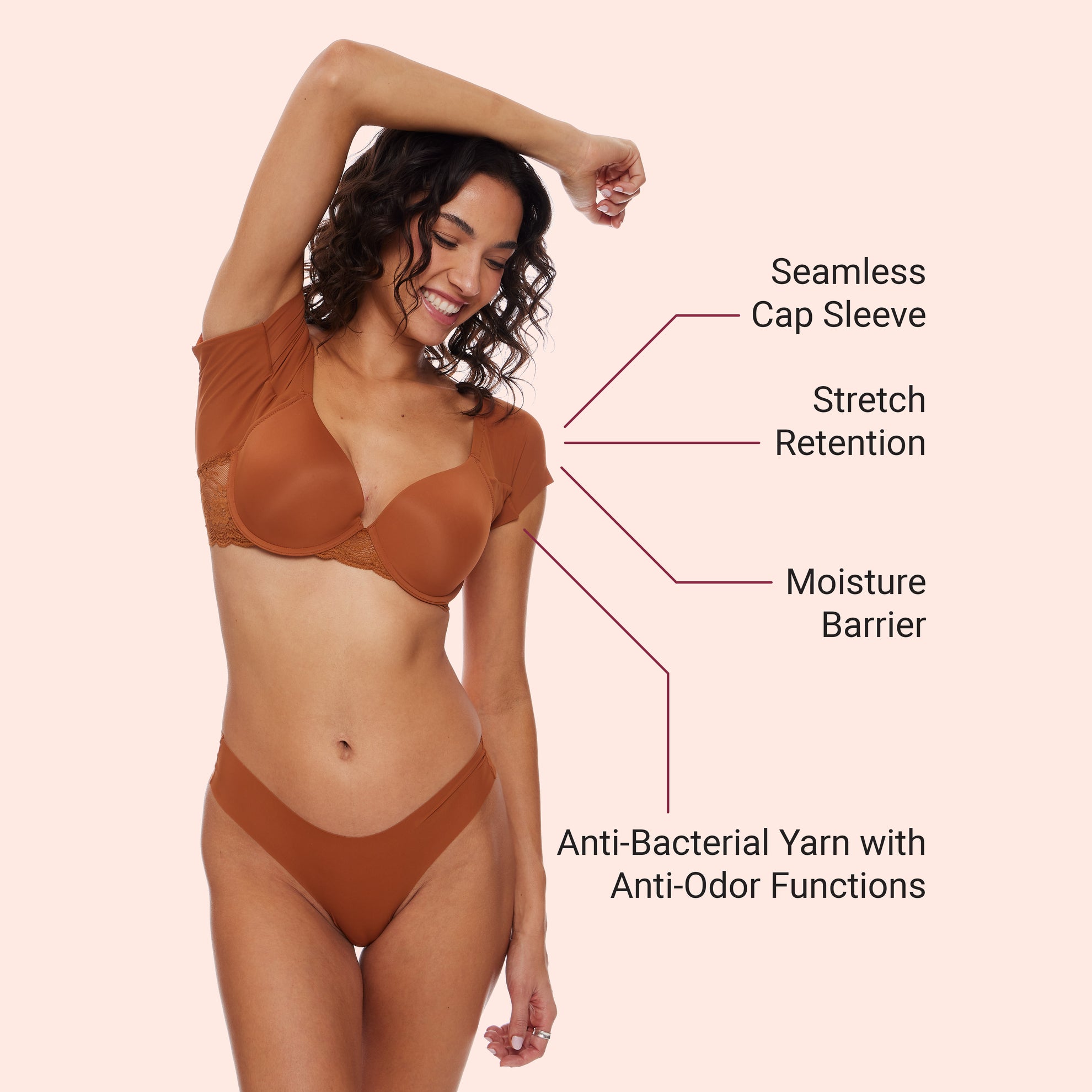 Smiling woman in Eroe espresso set with callouts for patented performance benefits.